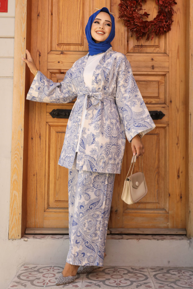 Desenli İndigo Mavisi Tesettür İkili Kimono Takım 12122IM - 2
