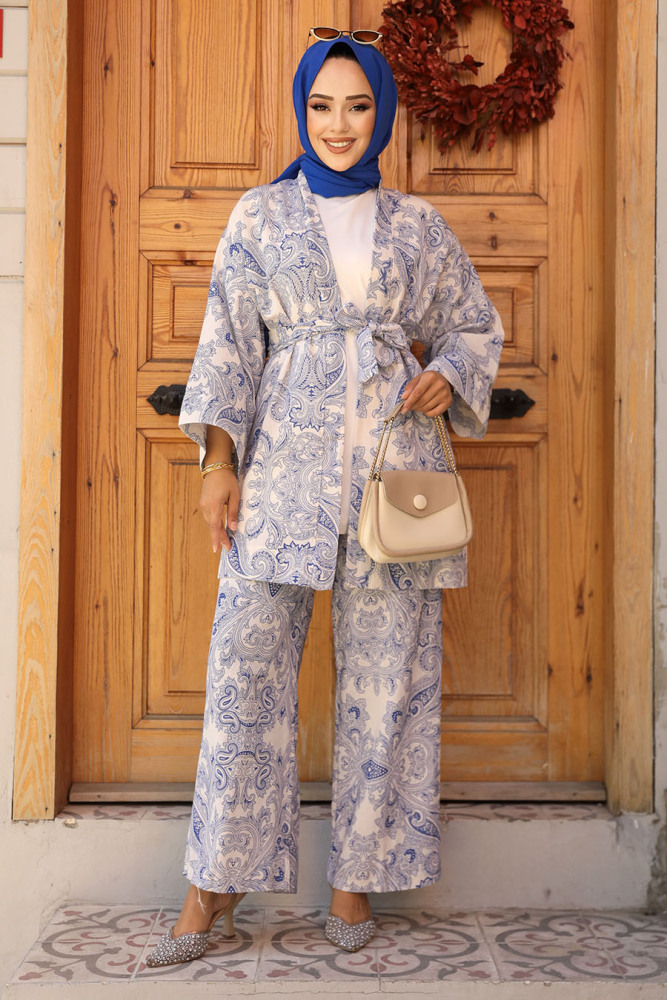 Desenli İndigo Mavisi Tesettür İkili Kimono Takım 12122IM - 3