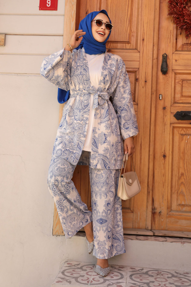 Desenli İndigo Mavisi Tesettür İkili Kimono Takım 12122IM - 1