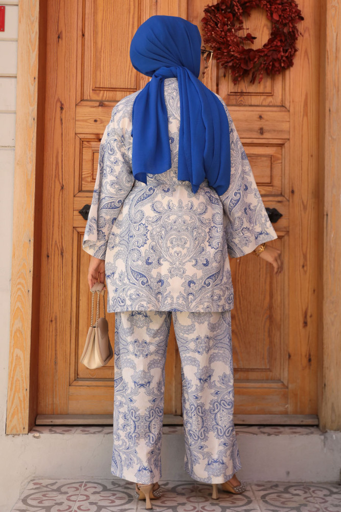 Desenli İndigo Mavisi Tesettür İkili Kimono Takım 12122IM - 4