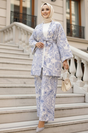 Desenli İndigo Mavisi Tesettür İkili Kimono Takım 12122IM - NEVA STYLE