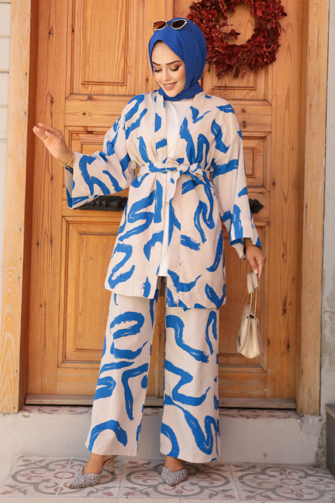 Desenli İndigo Mavisi Tesettür İkili Kimono Takım 12123IM - 2