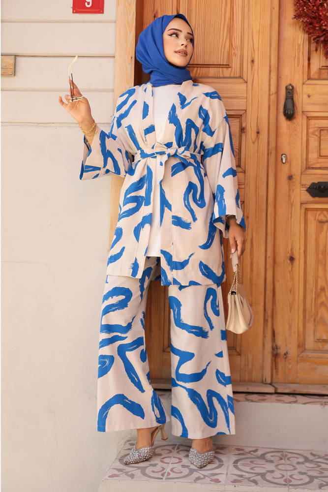 Desenli İndigo Mavisi Tesettür İkili Kimono Takım 12123IM - 1