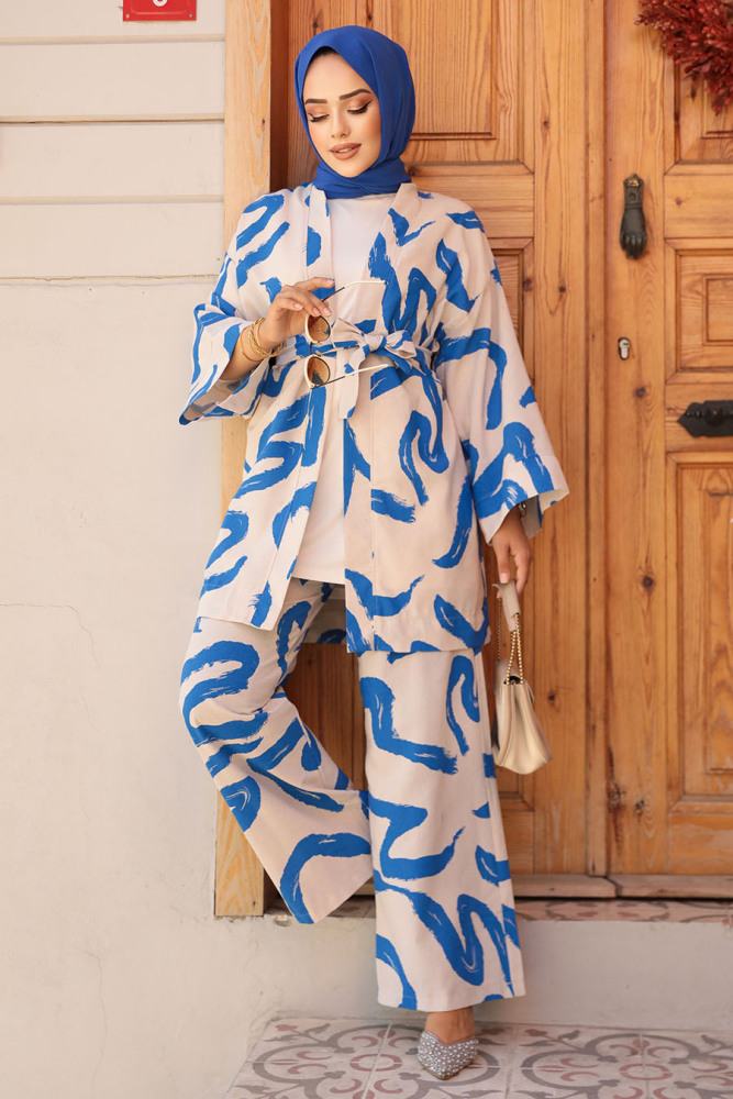 Desenli İndigo Mavisi Tesettür İkili Kimono Takım 12123IM - 3