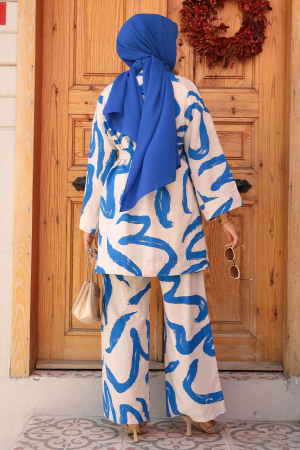 Desenli İndigo Mavisi Tesettür İkili Kimono Takım 12123IM - 4