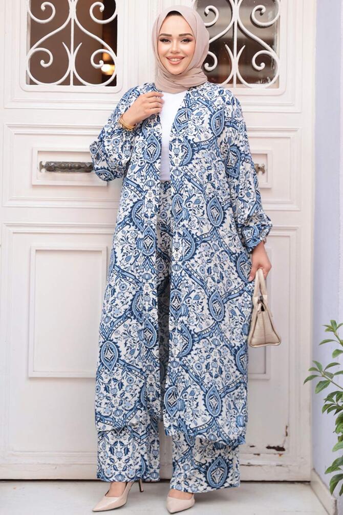 Desenli İndigo Mavisi Tesettür İkili Kimono Takım 12884IM - 2