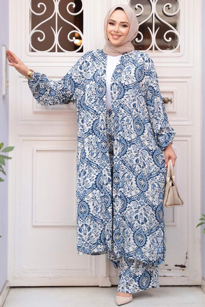 Desenli İndigo Mavisi Tesettür İkili Kimono Takım 12884IM - 3