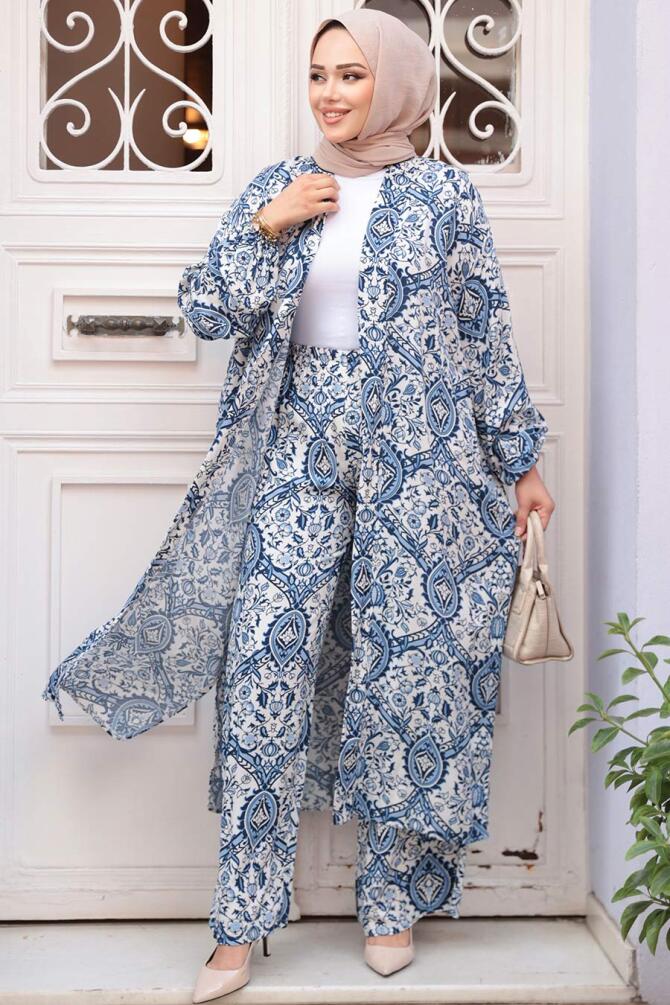 Desenli İndigo Mavisi Tesettür İkili Kimono Takım 12884IM - 4