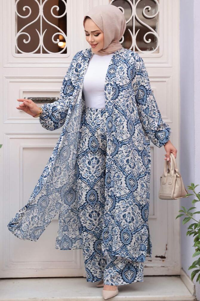 Desenli İndigo Mavisi Tesettür İkili Kimono Takım 12884IM - 1