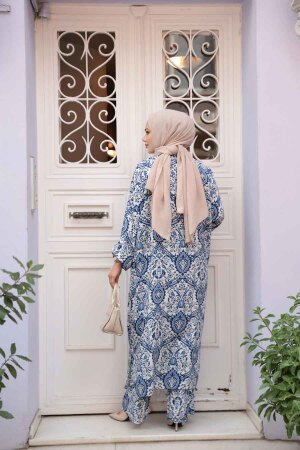 Desenli İndigo Mavisi Tesettür İkili Kimono Takım 12884IM - 5