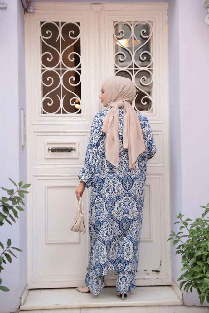 Desenli İndigo Mavisi Tesettür İkili Kimono Takım 12884IM - 5