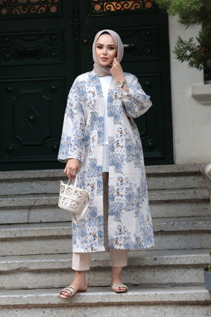 Desenli İndigo Mavisi Tesettür Kimono 32121IM - 2