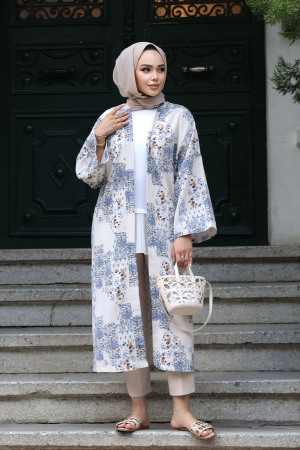 Desenli İndigo Mavisi Tesettür Kimono 32121IM - 3