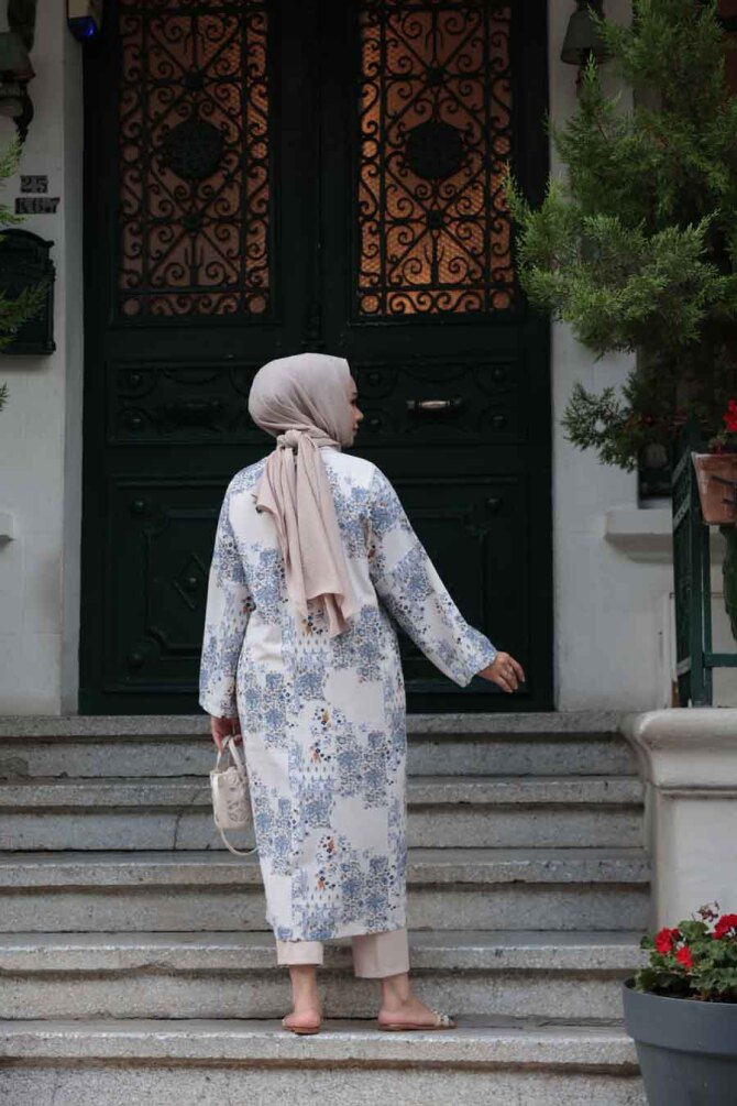Desenli İndigo Mavisi Tesettür Kimono 32121IM - 4