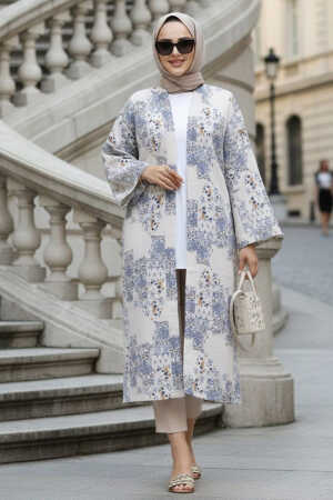 Desenli İndigo Mavisi Tesettür Kimono 32121IM - N.S NEVA STYLE