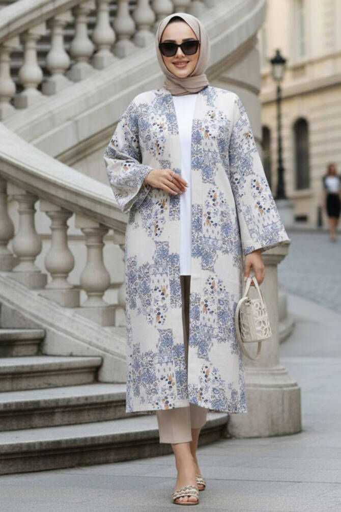 Desenli İndigo Mavisi Tesettür Kimono 32121IM - N.S NEVA STYLE