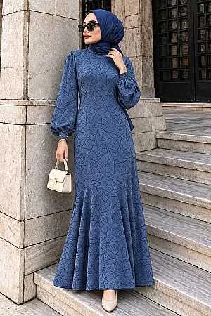 Desenli İndigo Mavisi Tesettür Saten Elbise 4457IM 