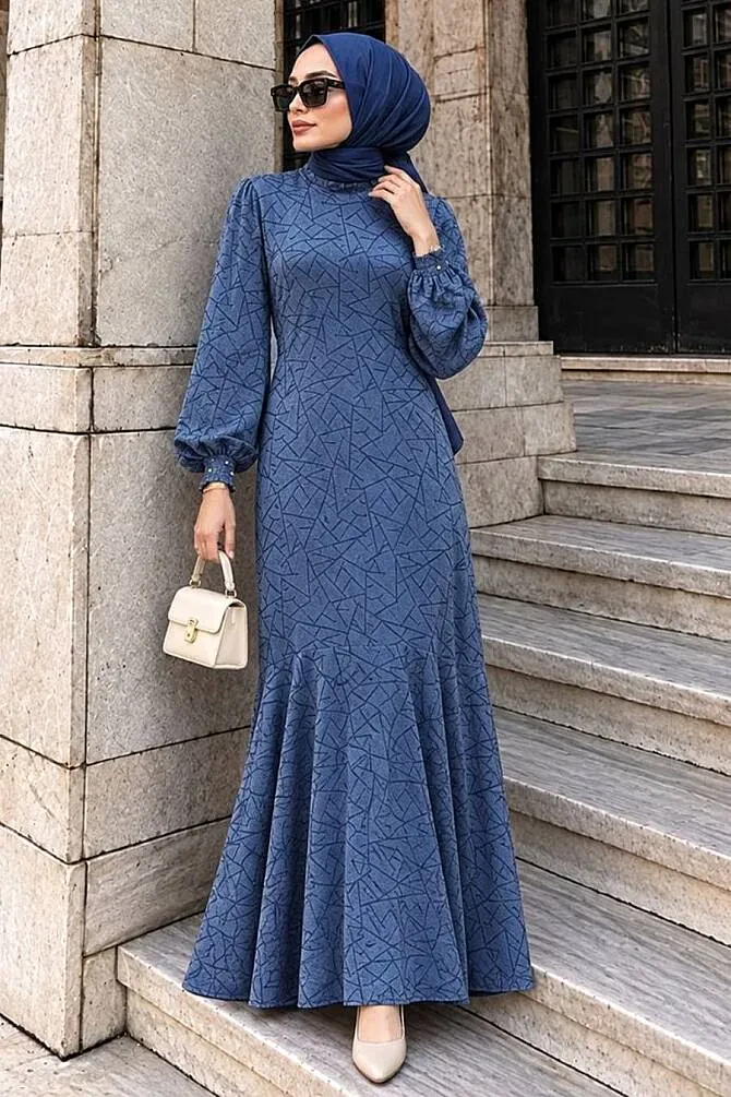 Desenli İndigo Mavisi Tesettür Saten Elbise 4457IM - 1