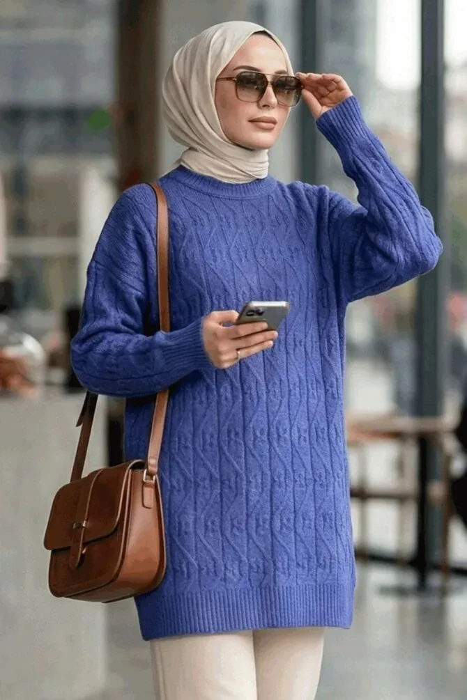 Desenli İndigo Mavisi Tesettür Triko Kazak Tunik 86541IM - 1