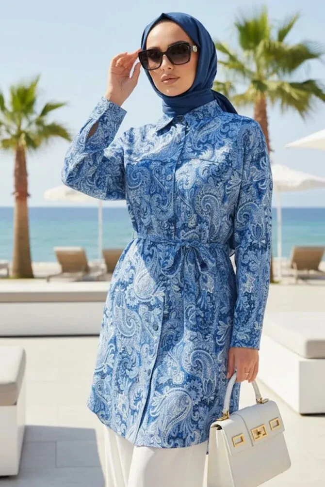 Desenli İndigo Mavisi Tesettür Tunik 26609IM - 1