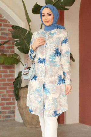 Desenli İndigo Mavisi Tesettür Viskon Tunik 11677IM - 2