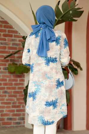 Desenli İndigo Mavisi Tesettür Viskon Tunik 11677IM - 4