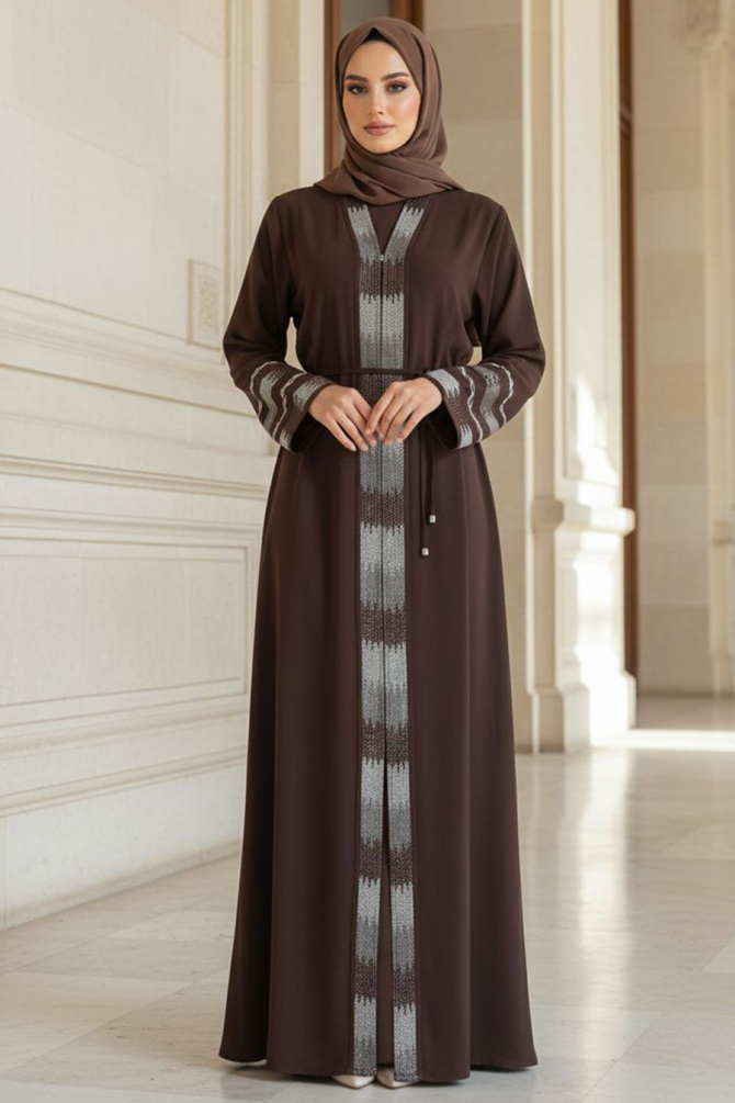Desenli Kahverengi Tesettür Abaya 45303KH - 1