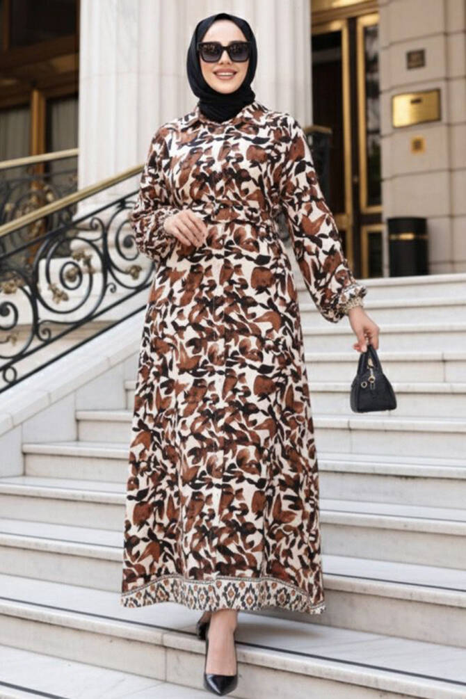 Desenli Kahverengi Tesettür Elbise 24081KH - 1