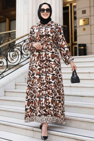 Desenli Kahverengi Tesettür Elbise 24081KH 