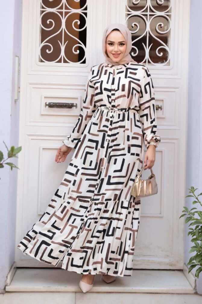 Desenli Kahverengi Tesettür Elbise 50253KH - N.S NEVA STYLE