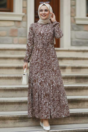 Desenli Kahverengi Tesettür Elbise 50254KH 