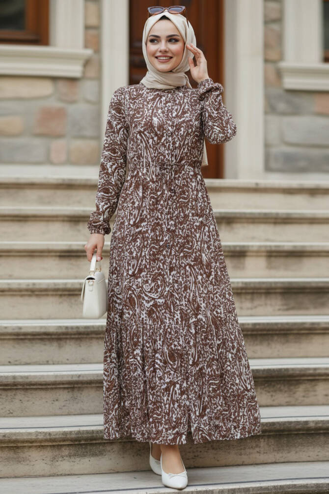 Desenli Kahverengi Tesettür Elbise 50254KH - 1