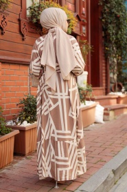 Desenli Kahverengi Tesettür Elbise 61011KH - Thumbnail