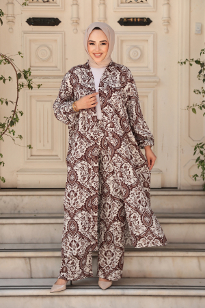 Desenli Kahverengi Tesettür İkili Kimono Takım 12884KH - 1