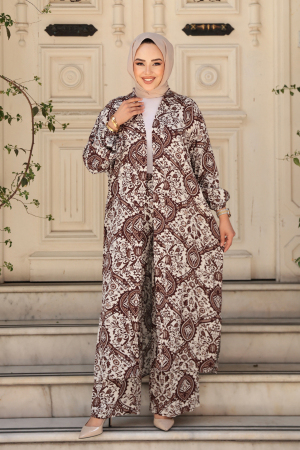 Desenli Kahverengi Tesettür İkili Kimono Takım 12884KH - 2