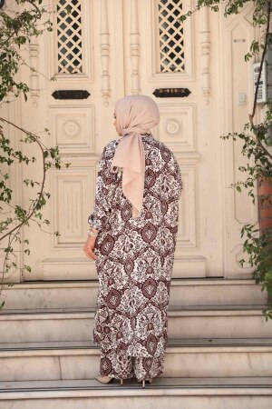 Desenli Kahverengi Tesettür İkili Kimono Takım 12884KH - 3