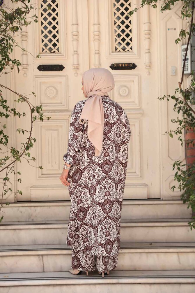Desenli Kahverengi Tesettür İkili Kimono Takım 12884KH - 3