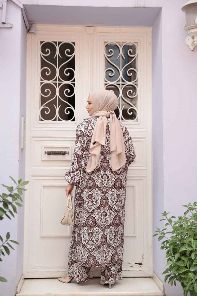 Desenli Kahverengi Tesettür İkili Kimono Takım 12884KH - 4