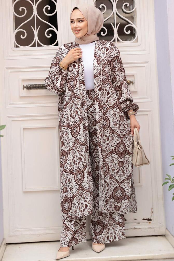Desenli Kahverengi Tesettür İkili Kimono Takım 12884KH - 2