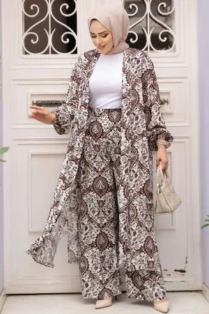Desenli Kahverengi Tesettür İkili Kimono Takım 12884KH - 1