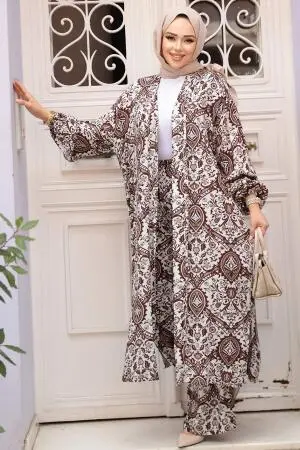 Desenli Kahverengi Tesettür İkili Kimono Takım 12884KH - 3