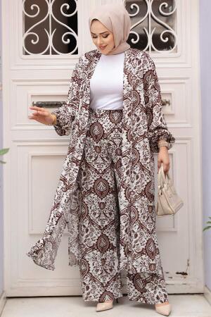 Desenli Kahverengi Tesettür İkili Kimono Takım 12884KH - 1