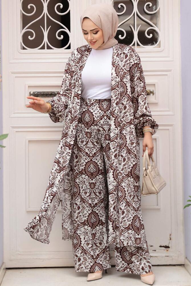 Desenli Kahverengi Tesettür İkili Kimono Takım 12884KH - 1