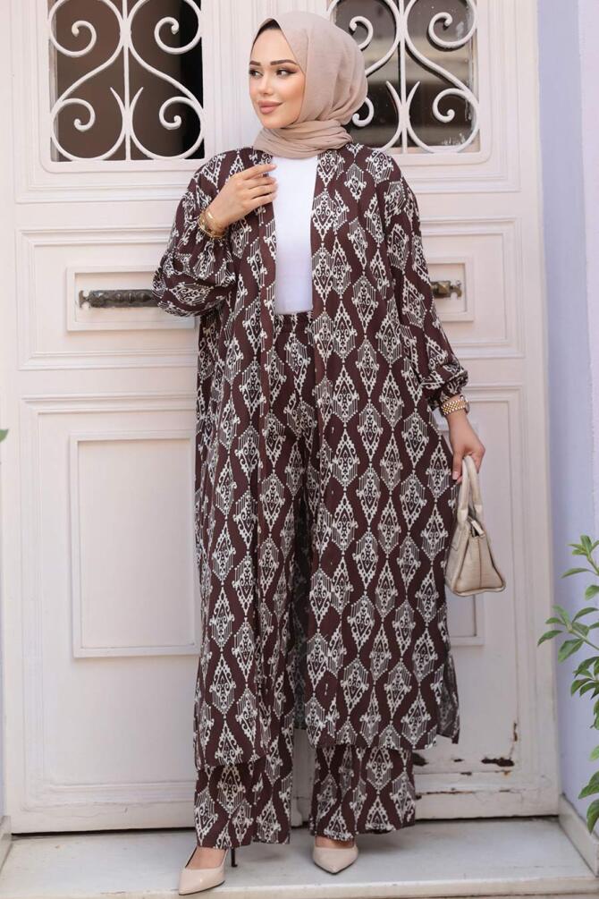 Desenli Kahverengi Tesettür İkili Kimono Takım 12888KH - 2
