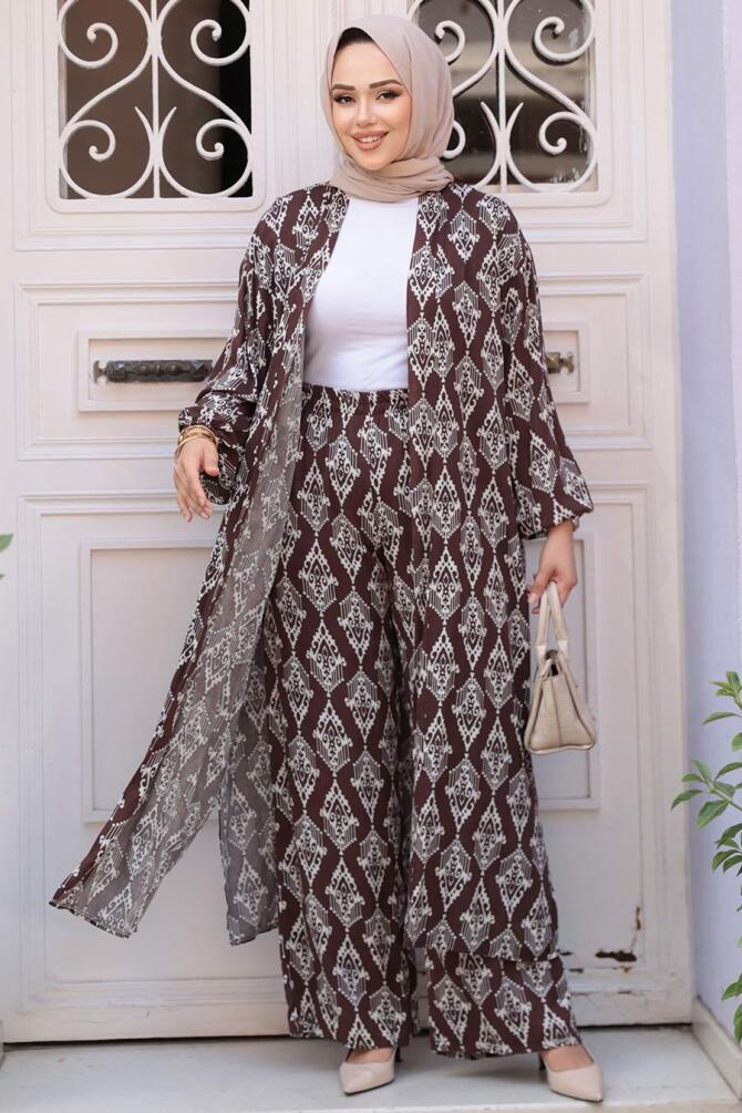Desenli Kahverengi Tesettür İkili Kimono Takım 12888KH - 1