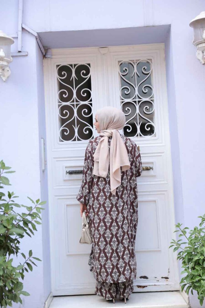 Desenli Kahverengi Tesettür İkili Kimono Takım 12888KH - 3