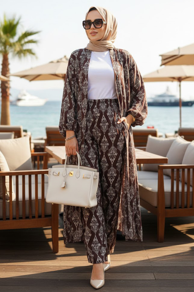 Desenli Kahverengi Tesettür İkili Kimono Takım 12888KH - 1