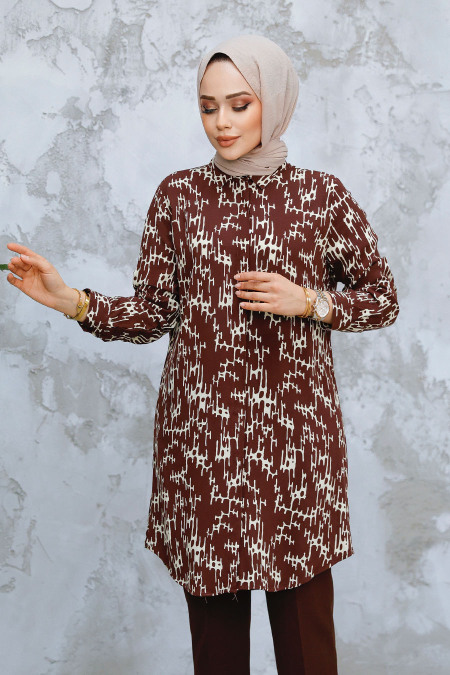 Desenli Kahverengi Tesettür Tunik 11722KH - 2