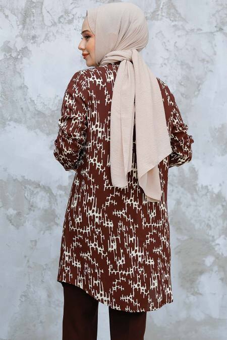 Desenli Kahverengi Tesettür Tunik 11722KH - 3