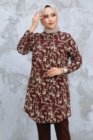 Desenli Kahverengi Tesettür Tunik 11722KH - 1